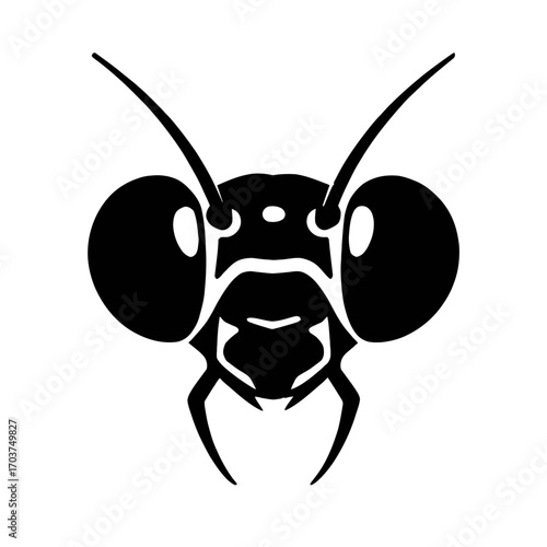 Striking minimalist black and white vector illustration of an insect head, featuring prominent compound eyes and intricate antennae, ideal for modern logos, entomology projects, wildlife graphics, dig