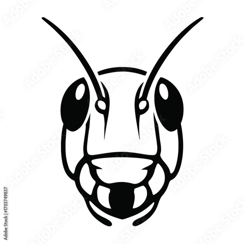 Detailed vector illustration of an ant's head, featuring prominent compound eyes and antennae. A minimalist black and white design perfect for nature, entomology, pest control, or industrial logos and