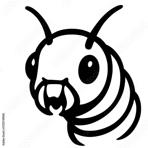 Cute B&W Cartoon Larva Head vector line art. Simple insect character: prominent antennae, big eyes, and mandibles. Ideal for kids, education, biology, nature, apps, playful mascots, stickers, prints,
