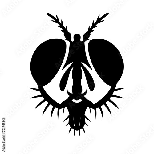 Black silhouette vector illustration of a detailed insect head with prominent compound eyes and antennae, ideal for scientific diagrams, entomology, biology, education, graphic design, and branding. A