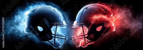 Two opposing football helmets engulfed in vibrant fire, blue and red flames