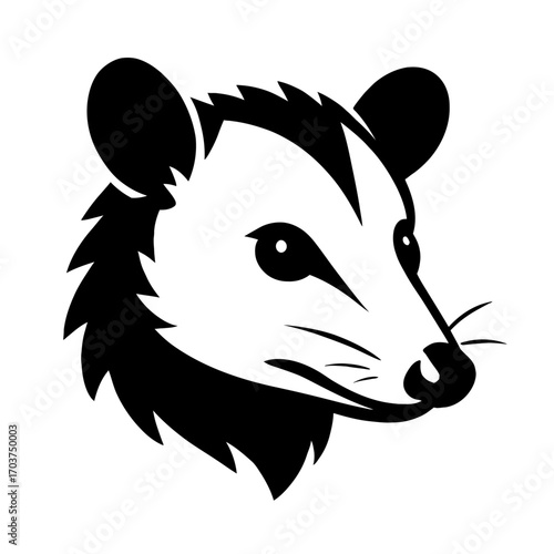 Stylized Opossum Head Logo Design Element: A Modern Black and White Vector Graphic Illustration for Branding, Mascots, Icons, Apparel, or Digital Art, Capturing the Cunning and Vigilant Nature of this