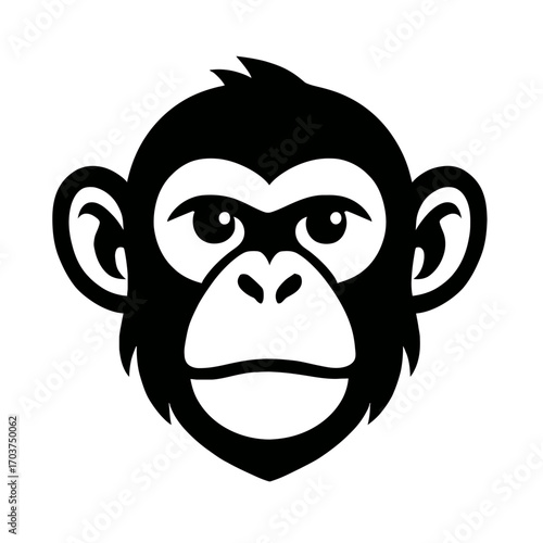 Black and white chimpanzee head vector illustration, minimalist monkey face logo icon. Ideal for branding, avatars, graphic design. Stylized primate mascot offers clean, bold, recognizable animal symb