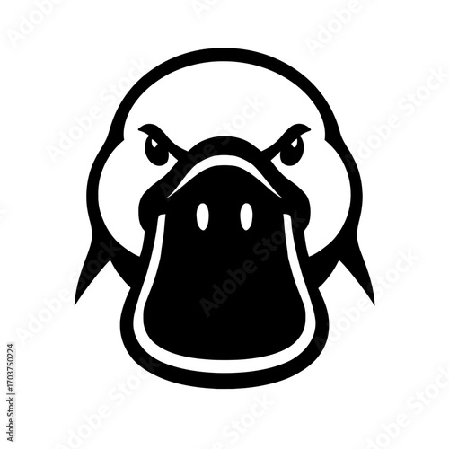 Powerful, determined platypus head mascot logo, vector illustration in striking black and white, perfect for sports teams, university branding, and unique merchandise designs, highlighting Australian