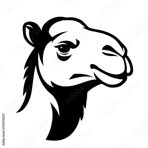 Majestic Dromedary Camel Head Vector Art Illustration: A Striking Black and White Minimalist Desert Animal Design, Perfect for Logos, Mascots, Branding, Wildlife Themes, and Digital Graphics. Iconic,