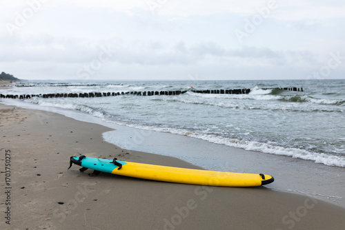Photography surfing board on the sea background
