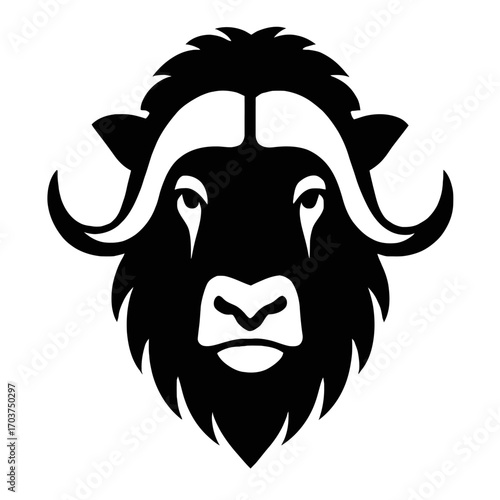 Musk Ox Head Silhouette Vector Icon: Arctic Animal Logo Design, Powerful Northern Wildlife Symbol, Minimalist Black & White Illustration for Branding, Mascot, Strength, Wilderness & Cold Climate Theme