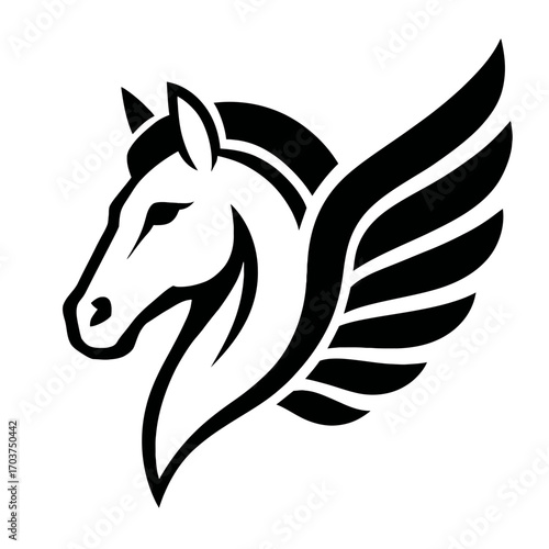 Modern minimalist black and white Pegasus logo design featuring a majestic winged horse head silhouette, embodying strength, freedom, speed, and mythical elegance for diverse branding use.