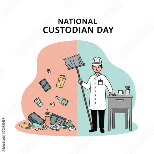 Appreciation for a professional custodian creating order from chaos in a workplace, a before and after cleaning concept illustration