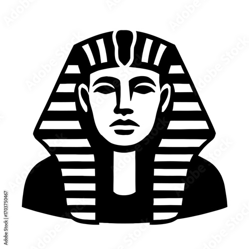 Striking minimalist black and white vector illustration of an ancient Egyptian pharaoh wearing a Nemes headdress, representing royalty, power, and the rich history of a bygone civilization. Iconic and