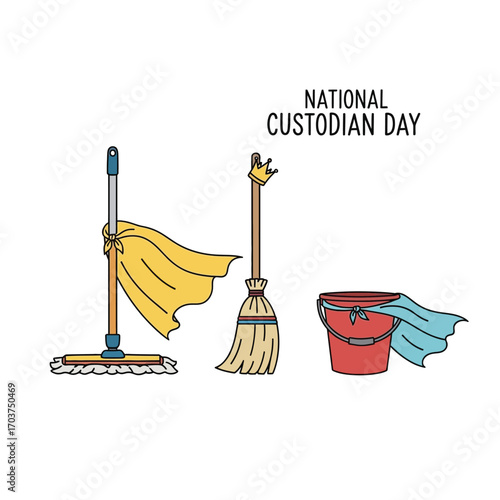 Heroic cleaning tools mop, broom, and bucket with capes and a crown, symbolizing the essential and dedicated work of maintenance and custodial staff