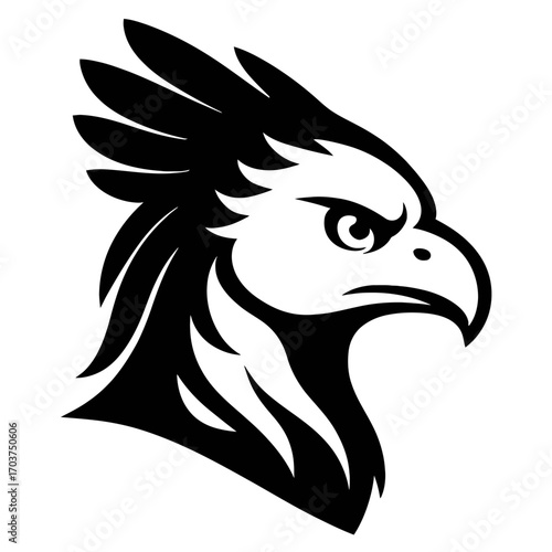 Stylized black and white eagle head vector logo, a fierce and majestic bird of prey silhouette. Perfect emblem for sports, gaming, branding, tattoos, symbolizing power, strength, freedom, and a bold m