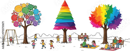 Children playing and families picnicking in colorful park with vibrant rainbow trees, swings, benches, joyful outdoor activities, happy community gathering.
