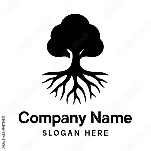 Elegant black silhouette tree logo design featuring a robust trunk and intricate, deeply grounded roots, symbolizing strength, growth, stability, nature, life, and sustainability for eco-friendly bran