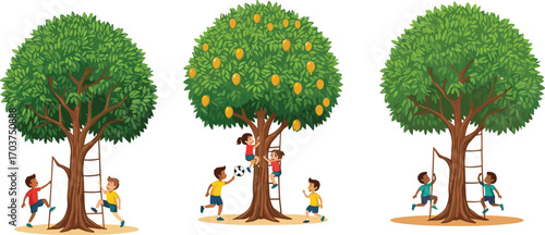 Children playing around and climbing mango trees with ladders, kids having fun, outdoor activity, healthy lifestyle, nature, summer, friendship.