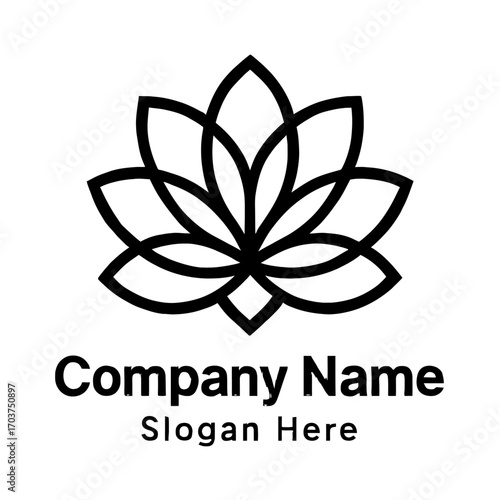 Elegant minimal geometric black outline lotus flower logo design, perfect for wellness brands, yoga studios, beauty products, spa services, spiritual centers, or eco-friendly businesses seeking a soph