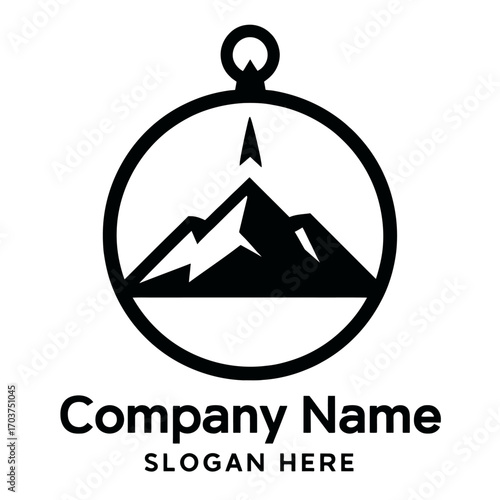Bold Mountain Compass Logo for Adventure, Exploration, Outdoor Brands. Symbolizing navigation, summit achievement, wilderness journeys, and discovery spirit. Ideal for travel, hiking, outdoor gear, ex