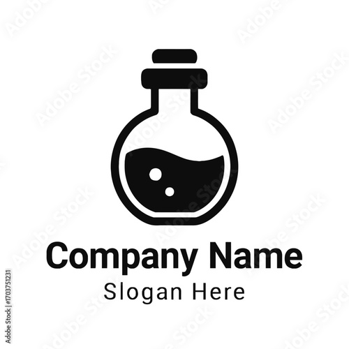 Modern scientific flask logo design featuring a round bottom beaker with bubbling liquid, topped with a cork stopper. Perfect for chemistry, research, laboratory, education, pharmaceutical, or magical