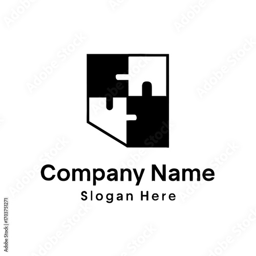 Modern geometric black and white interlocking puzzle piece logo design, symbolizing seamless integration, strong partnerships, collaborative synergy, secure digital solutions, and robust technological