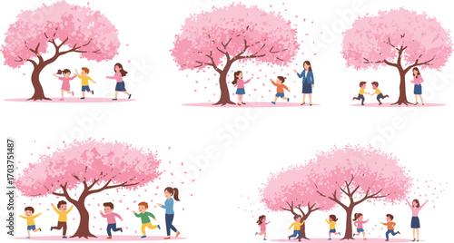 Children playing under pink cherry blossom trees, joyful kids running, adult supervising, spring outdoor fun, nature, happiness, seasonal family activity.