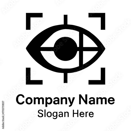 Sleek black eye logo with target crosshairs and camera focus brackets, symbolizing advanced vision, precise monitoring, security, surveillance, digital insight, optical technology, and data observatio