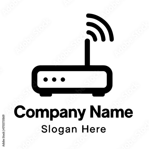 Wireless Router Wi-Fi Signal Logo Icon Design. This minimalist black and white vector graphic features a stylized internet router with an antenna emitting strong Wi-Fi waves. Ideal for telecommunicati