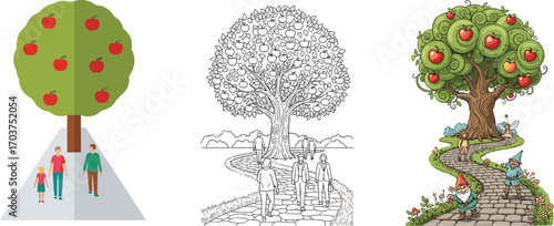 Creative apple tree illustrations with people walking, fantasy garden gnomes, colorful and black-and-white designs, nature, fantasy, family, outdoor, whimsical, magical paths, trees.