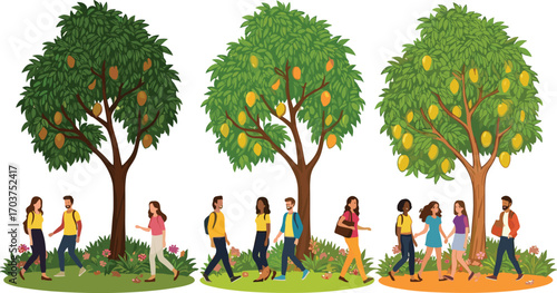 Group of people walking outdoors under mango trees, nature, friendship, socializing, diverse friends, healthy lifestyle, park, green environment, summer, casual.