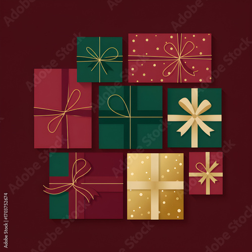 Festive Gift Boxes with Gold Ribbons on Deep Red Holiday Background