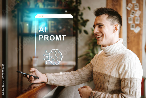 Young man engaged in conversation with mobile device about AI prompts in a cozy cafe setting