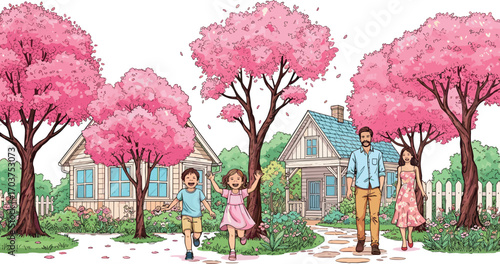 Happy family walking outside charming houses, kids running joyfully, beautiful pink cherry blossom trees, springtime garden, peaceful neighborhood lifestyle.