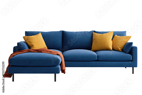 Cozy modular sofa in sapphire blue with left-side chaise, paired with two mustard pillows and a rust throw, textured upholstery weave, isolated on transparent background.

