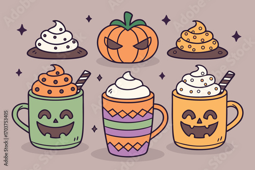 Vector art of cute halloween pumpkin and coffee drinks with whipped cream and sprinkles, festive holiday illustration
