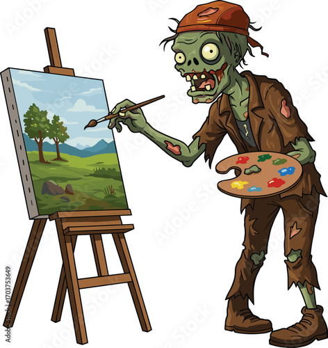 Cartoon Zombie Artist Painting Beautiful Landscape on Canvas Using Brush and Color Palette Isolated on White Funny Halloween IllustrationCartoon Zombie Artist Painting Beautiful Landscape on Canvas 