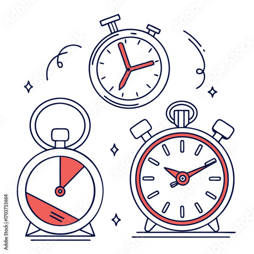 Collection of outline style timer, clock, and stopwatch illustrations. Isolated vector graphics for concepts like urgency, countdown, and productivity