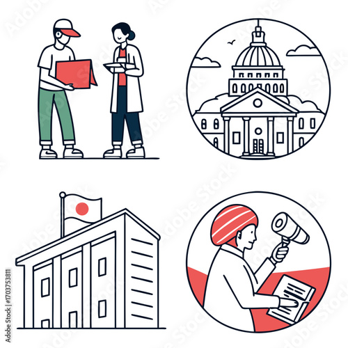 A versatile set of modern line art icons illustrating key societal functions including government, justice, international relations, and logistics