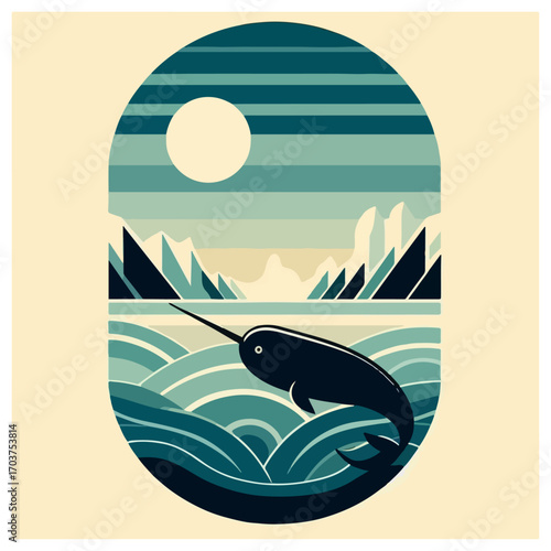 Narwhal in Polar Sea – Oval Badge Vector