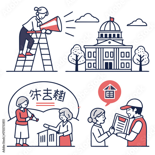 Conceptual line art illustrations depicting community activism, legal disputes over property, and petitioning government for social change