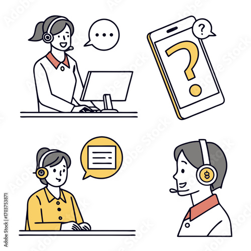 Collection of illustrations featuring friendly customer service operators with headsets providing online help and support