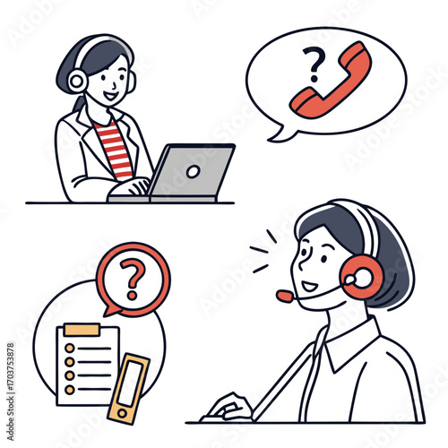 Collection of line art illustrations depicting call center agents, telemarketing professionals, and customer support concepts for business communication