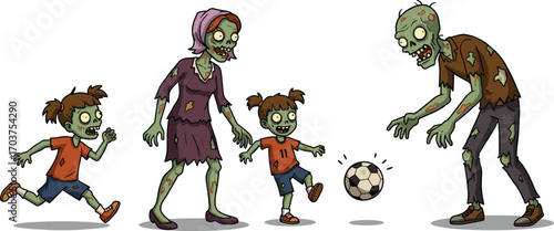 Cartoon Zombie Family Playing Soccer Together Outdoors in Tattered Clothes Funny Halloween Illustration with Undead Kids and Parents on WhiteCartoon Zombie Family Playing Soccer Together 
