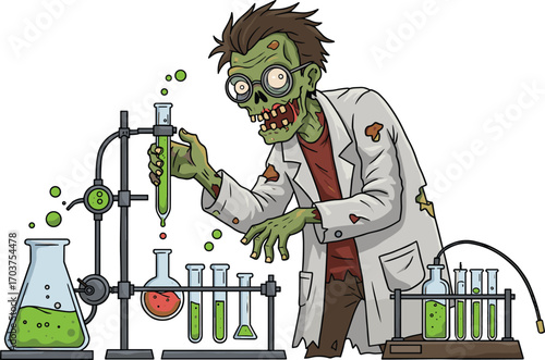 Cartoon Zombie Scientist Mixing Colorful Chemicals in Laboratory Doing Mad Science Experiment with Test Tubes in Vector Illustration FormatCartoon Zombie Scientist Mixing Colorful Chemicals 