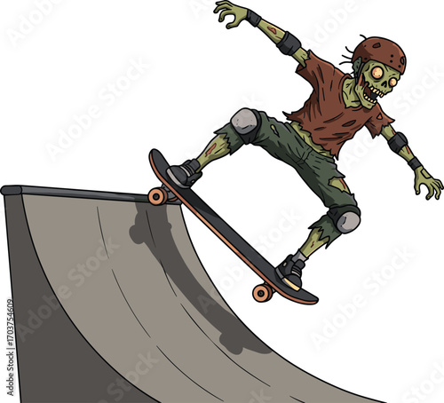 Cartoon Zombie Skater Riding Down Halfpipe Ramp Wearing Helmet and Pads, Funny Undead Skateboarding Character in Action Vector Illustration