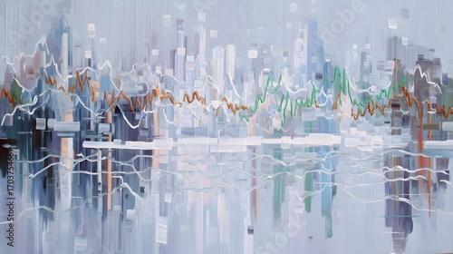 Colorful and dynamic abstract painting depicting a futuristic urban skyline with towering skyscrapers reflected in the water