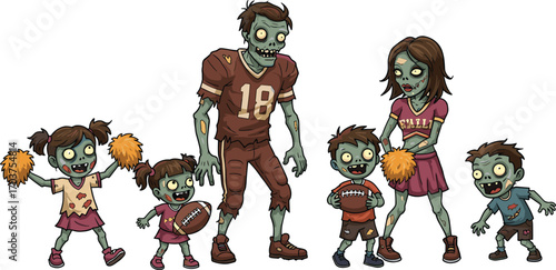 Funny Cartoon Zombie Family in Cheerleader and Football Outfits Playing Together Isolated on White Background for Halloween Sports ThemeFunny Cartoon Zombie Family in Cheerleader and Football 
