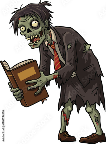 Scary zombie student in tattered school uniform reading a book, cartoon horror character illustration, creepy undead scholar vector artScary zombie student in tattered school uniform reading a book, 
