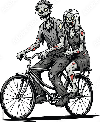 Zombie Couple Riding Bicycle Together Funny Horror Illustration with Undead Characters in Tattered Clothes Isolated on White Halloween BackgroundZombie Couple Riding Bicycle Together Funny Horror 