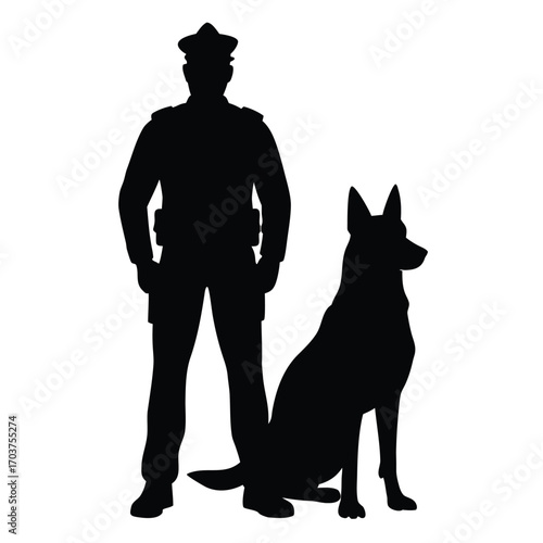 Silhouette Illustration of a Police Officer Standing With a Sitting German Shepherd Dog