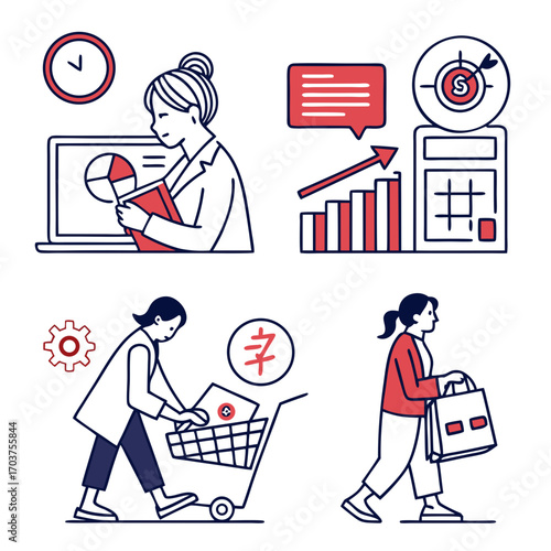 A collection of modern flat line illustrations showing women in business analysis, financial planning, and consumer shopping activities