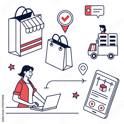 Vector line art illustration depicting the e-commerce journey from online ordering on a laptop to package tracking and final courier delivery service